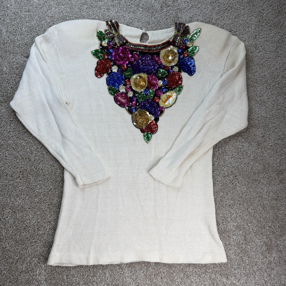 Vintage Embellished Beaded Sequin Tunic Sweater Womens Medium White Party